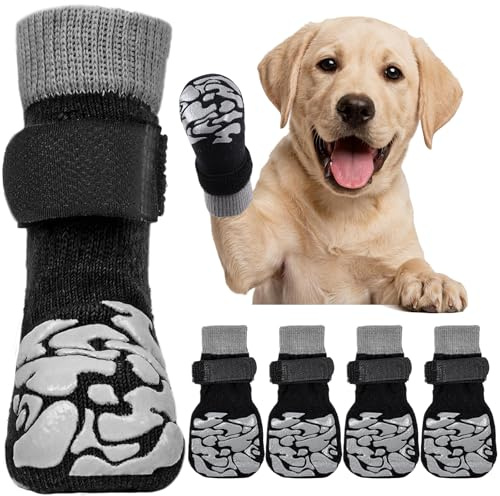 Kuoser 2 Paar Hundesocken Anti Rutsch mit Klettverschluss, Schwarz XS | Hundesocken: Anti Rutsch, Leckschutz für Wunden, verstellbarer Klettverschluss, elastisch, strapazierfähig, weich und bequem