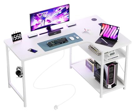 GTPLAYER L Shaped Gaming Desk, 130×80cm Computer Corner Desk with Power Outlets, Storage Shelves, Headphone Hook, Desks & Workstations for Home Office Play Study