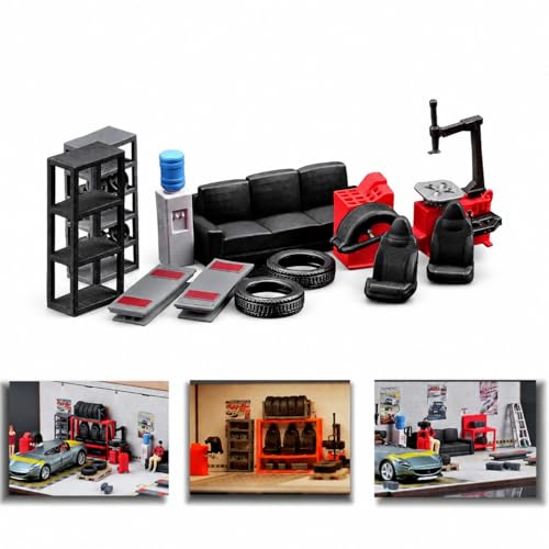 1/64 Diorama 12pc Reparatur Werkzeug Set, Garage Werkstatt Zubehör | for 1:64 Diecast Modellautos Display, Sofa, Regal, Reifenschneider-Requisite
