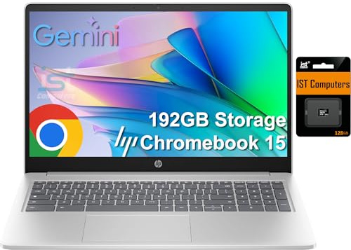 HP Chromebook 15 Laptop ( 15.6 Anti-Glare, Intel N200, 8GB DDR5 RAM, 192GB Storage (64GB eMMC + 128GB SD), 4-Core(> i3-1115G4), Numeric KB) Home & Student, Webcam w/Shutter, Wi-Fi, Chrome OS, Silver