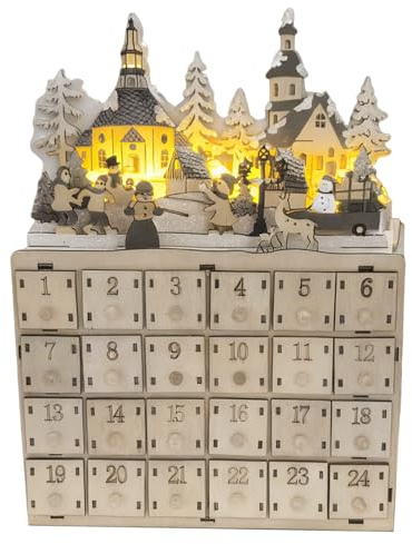 24 Giorni Calendario dell'Avvento Vuoto da Riempire, Calendario dell'Avvento in Legno a Castello, Calendari dell'Avvento in Legno con Cassetti, Calendari dell'Avvento in Legno, con Luce LED