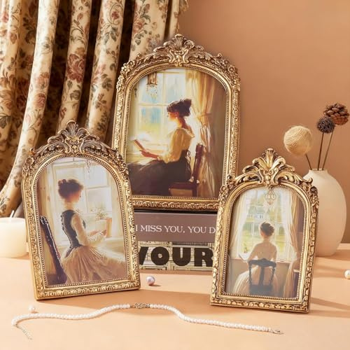 3er-Pack Vintage Resin Bilderrahmen, Goldene Bogenförmige Rahmen mit geschnitztem Design und handgefertigter Antik-Oberfläche, Barocke Ornamente Resin Bilderrahmen für Wohnkultur & Hochzeiten