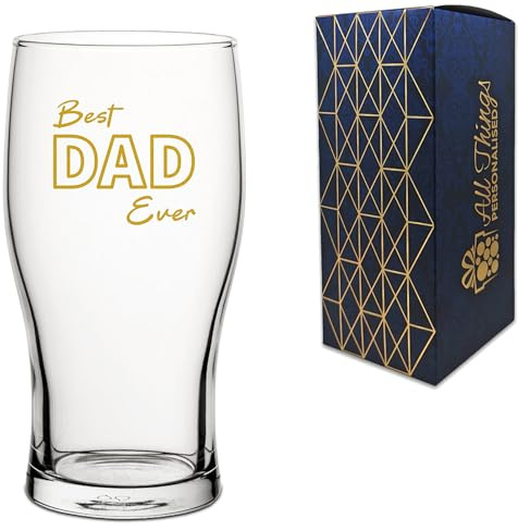 All Things Personalised Novelty Best Dad Ever Design Gold Printed Beer Cider Tulip Pint Glass 20oz/560ml, Gift Box Included, Present for Men Dad Husband Him, Printed in the UK