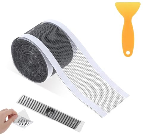 Ouligay 10cm x 10m Disposable Shower Drain Hair Catcher Stickers with Plastic Scraper, Self-Adhesive Disposable Shower Drain Strainer Mesh Stickers for Bathtub, Bathroom, Kitchen Sink
