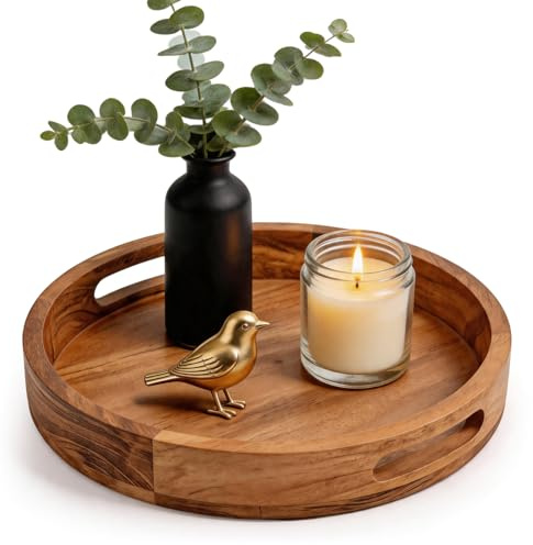 BREEZENEST Round Acacia Wood Serving Tray with Handles, Large Rustic Wooden Serving Tray Platter for Drinks, Breakfast & Dinner, Decorative Coffee Table Tray for Home Decor, Serving Trays
