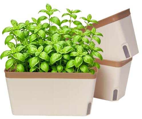 Zymuegist 3PCS Self Watering Plant Pots, 10.5 Inch Rectangular Plastic Windowsill Herb Planter Box, Modern Flower Pots for Indoor Outdoor Garden Office Patio with Drainage Hole Hidden Tray (Brown)