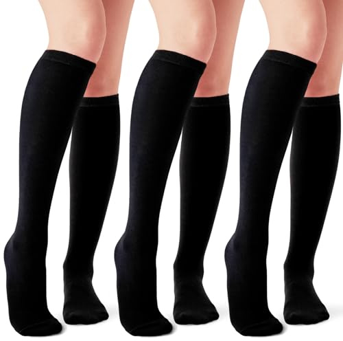 Joulli Women's Knee High Athletic Socks Stripe Calf Tube Boot Outdoor Sport Socks 3 Pairs, Black