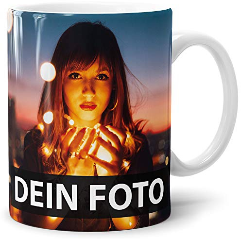 Foto-Tasse zum selbst gestalten mit Foto und Text/mit individuellen Druck in Profiqualität/Personalisierte Geschenk-Idee mit Bild/XXL-Druck/Weiss - Glanz