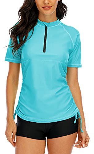 Halcurt UV Shirt Damen Kurzarm Rash Guard 1/4 Zip UPF 50+ Badeshirt S-XXL | Sonnenschutz Schwimmshirt, Verstellbare Seitenbänder, Schnell Trocknender, Atmungsaktiv, Nur Schwimmoberteil, Raglan Ärmel
