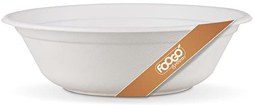 FOOGO Green 50 Cuencos Desechables de Caña de Azúcar, 900 ml, 20 cm, Sopa, Postres y Ensalada, Profundo, Cuencos de Papel Resistentes para Comida Caliente, Biodegradables, Bambú, Fiesta
