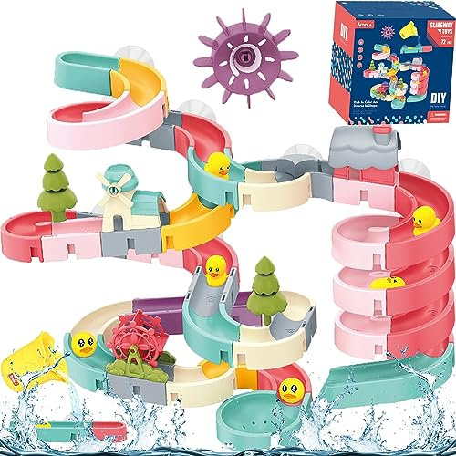 72pcs Bath Toys Toddler Kids for 3 4 5 6 Year Olds Boys Girls with Water Duck Slide Track & Wind up Run Rubber Ducks Bath Time Bathtub Shower Water Play Toys for Toddler Kids Swimming Pool