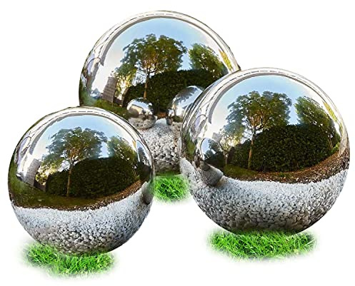 AAMEN Stainless Steel Gazing Balls Set of 3, Garden Ornaments Outdoor, Silver Garden Balls, Stainless Steel Decorative Balls, Mirror Polished Floating Pond Balls, 20cm, 25cm & 28cm
