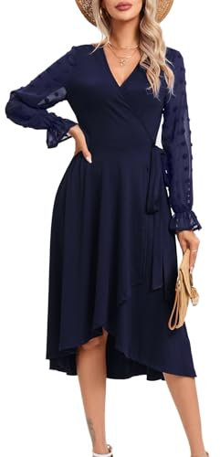 KOJOOIN Damen Wickelkleid Tüll Langarm Tunika Kleid V-Ausschnitt Skaterkleid Midikleid Casual Swing Kleid Knielanges Partykleid mit Gürtel（Verpackung MEHRWEG）,Blau, S