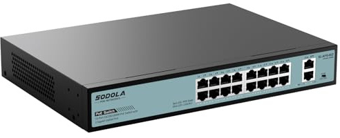 SODOLA 16-Port Gigabit PoE Switch mit 2 Uplink Gigabit Ports, 400W | 18-Port Ethernet PoE Switch mit 400W Leistung,Unterstützung von IEEE802.3af/at, VLAN,Wand- oder Rackmontage