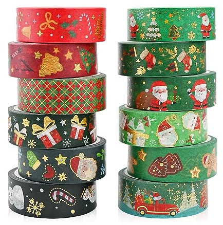 12 Rolls Weihnachten Washi Tape Set Snowman Xmas Tree Dekorative Washi Tape Santa Claus Masking Papierklebeband Klebeband Dekorative Urlaubs Geschenkverpackungsband für Scrapbooking DIY Craft Journal