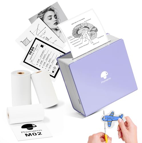 Phomemo M02 Mini Drucker mit 3 Etikettenrollen, Taschendrucker für Smartphone, Bluetooth Aufkleber Drucker Thermodrucker zum Studium, Notizen, Bilder, Fotos, Tagebücher