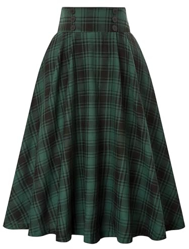 DayaEmmoTQ Señoras Largo Vintage Elegante Invierno Falda A-Line Cintura Alta Midi Plisada Casual Enagua Elástica Círculo Otoño Escocesa Swing Grande