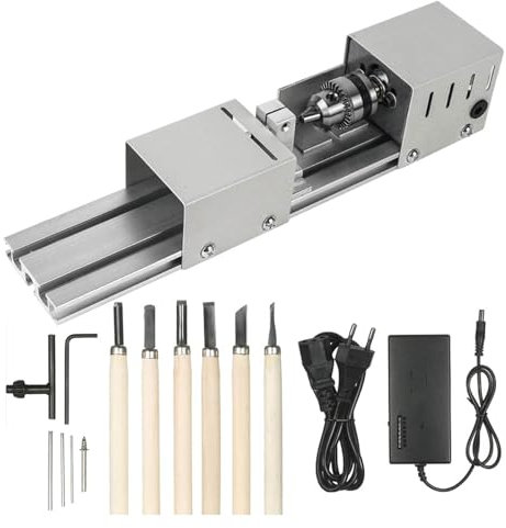 Mini Lathe Tool 12V-24VDC 96W Mini Lathe Beads Polisher Power Wood Turning Lathe Benchtop Wood Lathe with 6 Chisels,DIY CNC hining for Woodworking