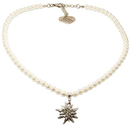 Heimatflüstern Trachtenkette Perle und Strass-Edeleiss - Damen Perlenkette, Dirndlkette fürs Oktoberfest, Trachtenschmuck zur Trachtenbluse und Lederhose (creme-weiß)