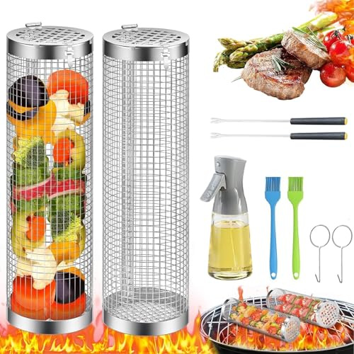 Grillkorb gemüse 2 Stück, Grill basket mit Ölsprühflasche Zylindrischer Grillkorb Edelstahl, Grill gemüsekorb mit Ölbürste Grillkorb rund mit Gabel, BBQ Außengrill für Gemüse, Fleisch