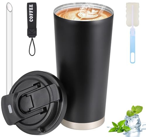 Hejo 530 ml Mug Isotherme Cafe Noir, Tasses Isotherme Réutilisables avec Couvercles, Tasse Café Chaudes, Tasse de Voyage en 316 Acier Inoxydable pour Café Chaud et Froides, Lait et Thé