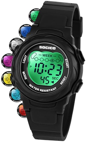 SOCICO Kids Digital Watches for Girls Boys Aged 5-10, Childrens Outdoor Sports Waterproof Watch with Led Light,Alarm Clock, Stopwatch, 12/24H for Kids Great Gifts
