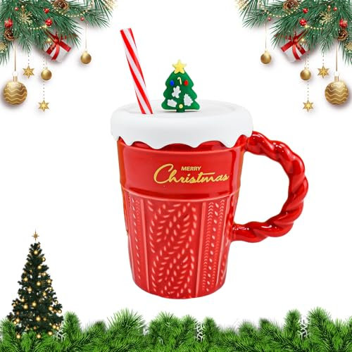 ADERTOS Tazza Natalizia in Ceramica, Mug Natalizie da 400 ml, Tazze Caffe Natalizie, Tazze da Latte Natalizie con Coperchio e Cannuccia, Tazza da tè Natale per Compleanno Festa di Natale, Rosso