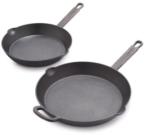 GreenPan x Bobby Flay Cast Iron Skillet Set, 8” &10” Pre-Seasoned Frying Pans, Pour Spouts, Induction Compatible, Oven, Grill, Indoor/Outdoor, Durable, Black