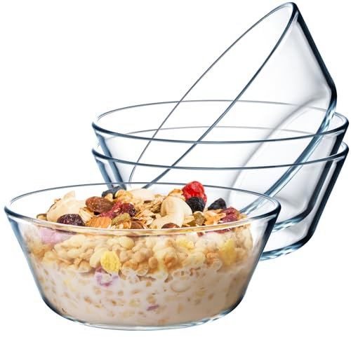 NUTRIUPS Kleine Glasschalen mit flachem Boden, 800 ml, 4 Stück, 15,2 cm große Müslischalen, flache gehärtete Glasschale für Küche, Mikrowelle und Backofen