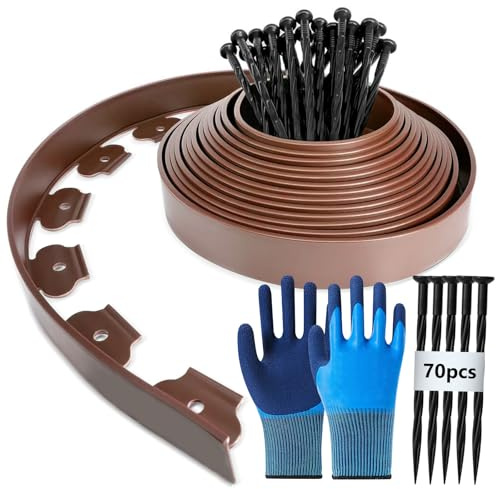 Bordure Jardin Exterieur Flexible, 15m Bordure de Jardin Flexible con 70 Piquets et 1paire Gants, Bordure Jardin Plastique, Bordurette de Jardin Flexible, 5cm Haut Bordure Jardin Pour Jardins - Marron