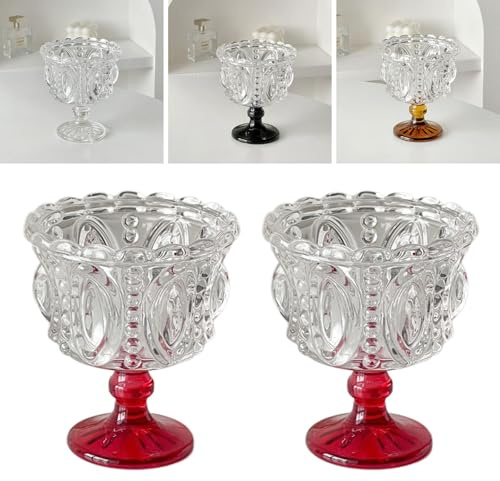 Boxonly Red Vintage Dessert Glass Set of 2 - Crystal Embossed Goblets, 250ml Capacity for Ice Cream & Desserts, 4.7x3.9 / 12cmx10cm Elegant Glassware for Home & Café