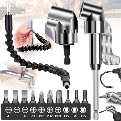 Oneroomone 13 Piezas Adaptador de Destornillador Angular Set, 1/4 Pulgadas Adaptador de Taladro de Ángulo Recto, 105 °Adaptador Atornillador Flexible, Multifunción Flexible Destornillador(10 Taladro)