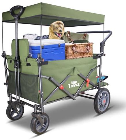 TMZ Folding Wagon Featuring 2 Seats, Folding Handcart Trolley with Removable Canopy, Collapsible Garden Wagon with Brake for Festival Shopping Camping Picnic (Green)