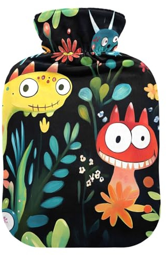 Cute Creatures Wärmflasche mit weichem Bezug, für Bett, Hand- und Fußwärmer, Wintergeschenk, Wärmbeutel zur Linderung von Nacken- und Schulterschmerzen, 2 Liter, Schwarz