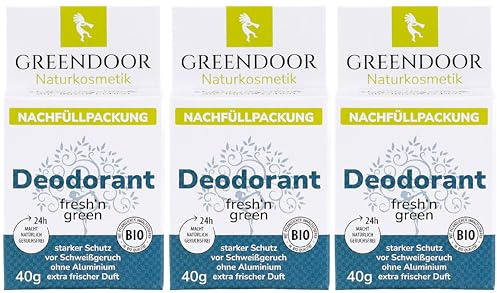 GREENDOOR Deodorant Refill System, 3 * 40g Refills fresh'n green, nachfüllbares festes Deo ohne Aluminium, sicherer starker Schutz, vegan, extra frischer Duft, plastikfrei