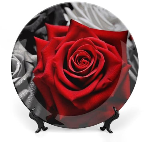 Assiette décorative en céramique avec roses noires, blanches et rouges de 20,3 cm - Assiettes décoratives murales de style bohème avec support de présentation personnalisées pour décoration
