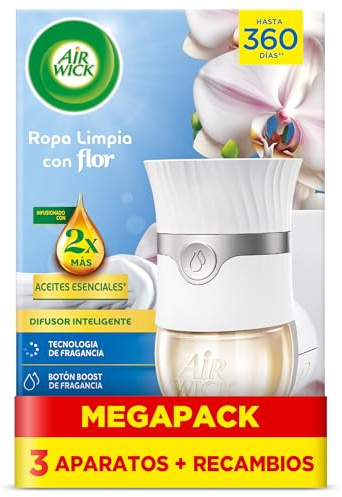 Air Wick Eléctrico Aparato y recambio de ambientador automático eléctrico, con aroma a Ropa Limpia com Flor - 3 Aparatos + 3 Recambios, El embalaje puede variar