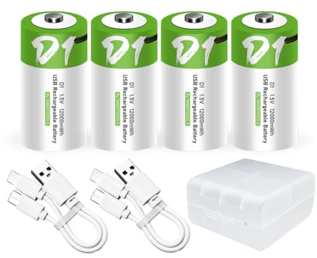 Lankoo 4pcs D Battery D Batteries, USB/Type-C D Rechargeable Battery, High Capacity 1.5V 8000mAh 12000mWh 3 Hours Fast Charge, Cycle Times up to 1200x with Type-C Port Charging Cable