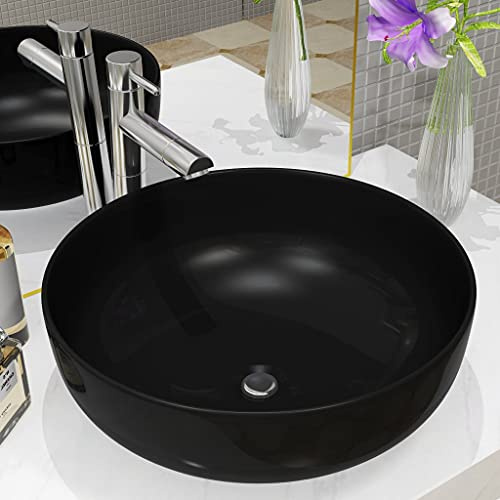 Lavabo da Appoggio Tondo, Nero in Ceramica Smaltata, Design Moderno per Bagno, Diametro 41.5 cm, Altezza 13.5 cm