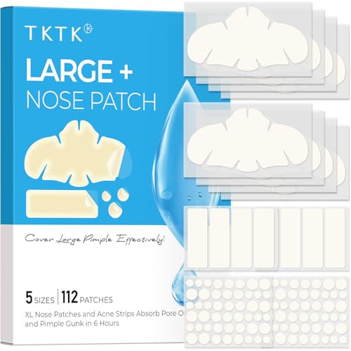 TKTK Hydrocolloid Pimple Patches, XL Nose Pore Strips 91 x 48 mm, 112 Count | Large Hydrocolloid Acne Patches for Face, Cover Zit Blemishes & Absorb Oil, Nose Contoured, Strips, Dots 5 Sizes
