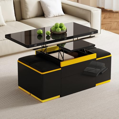 Bladez Multifunktional Couchtisch mit höhenverstellbarer Platte | 2-in-1 Multifunktionstisch, Mit 2 Schubladen & Schrank |Schwarz + Hellgelb& Holzumwandelbar in Esstisch | (Schwarz + MDF)
