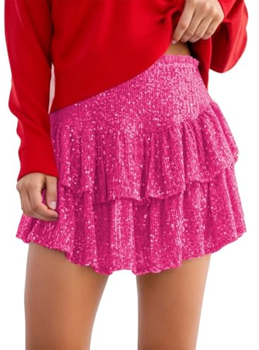 Générique Jupe à Volants à Paillettes pour Femme Ourlet Superposé - Mini Jupe Scintillante Élastique Taille Haute Jupes Paillette pour Danse du Ventre Costume de Festival Pétillant pour Club et Fete