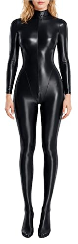 Ausing Women's Sexy Glossy Long Sleeve Bodysuit Shiny Stretchy Full Body Catsuit One Piece Footed Unitard