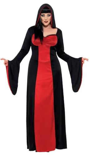 Smiffys Disfraz de vampiresa siniestra, Rojo y negro, con vestido largo con capucha Halloween, Carnaval