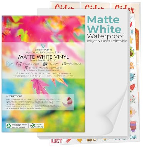 Evergreen Goods 10 Blatt Mattes, Weißes, Bedruckbare Klebeetiketten Papier | Vinyl Sticker Paper für Tintenstrahl- und Laserdrucker | Wasserfestes Papier zur Verwendung für Etiketten und Aufkleber