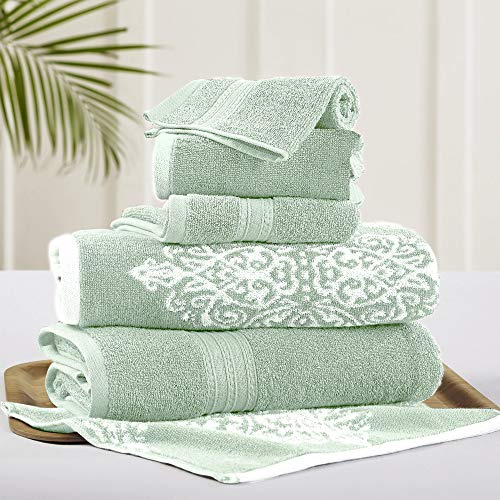 Modern Threads Artesia Damask 6-Piece 100% Combed Cotton Reversible Yarn Dyed Jacquard Towel Set Bagno, 2 Asciugamani per Le Mani, 2 salviette, Cotone, Salvia, Standard