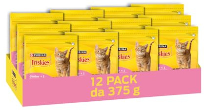 PURINA FRISKIES Junior con un gustoso mix di Pollo e Tacchino, con Latte e con Verdure in 12 confezioni da 375g