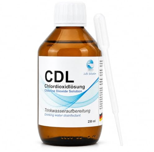 Chlordioxid Lösung 0,3% - CDL 250 ml mit Anleitung & Pipette - hoch wirksam | Life Solution, Trinkwasserdesinfektion, Chlorine Dioxide Solution, Wasseraufbereitung, CDS, made in germany