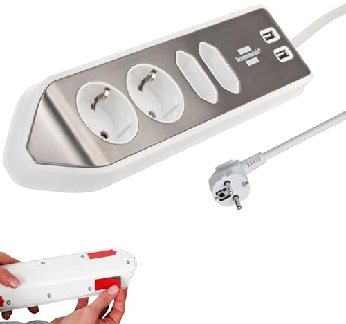 Brennenstuhl Estilo grenuttag 4-vägs (bordsuttag med rostfri yta för kök och kontor, strömlist med 2x skyddskontaktuttag, 2x eurouttag, inkl. USB-laddningsfunktion) silver/vit