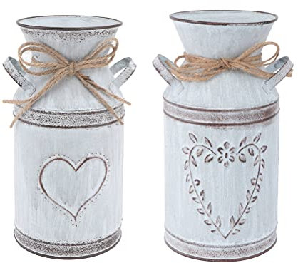 Cabilock 2 Stücke Vintage Blumenvase Herz Milchkanne Eisen Blumentopf Shabby Deko Landhausstil Vase Rustikal Blumeneimer Metall Eimer Übertopf Dekovase Kaktus Topf für Wohnzimmer Tischdeko